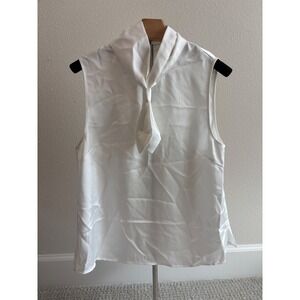 Misook Blouse Crepe de Chine Tie Neck Sleeveless Satin Quiet Luxury M Workwear